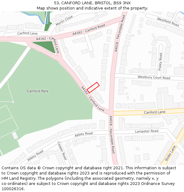 53, CANFORD LANE, BRISTOL, BS9 3NX: Location map and indicative extent of plot