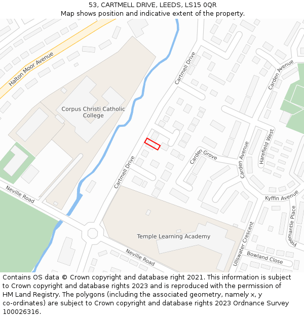 53, CARTMELL DRIVE, LEEDS, LS15 0QR: Location map and indicative extent of plot