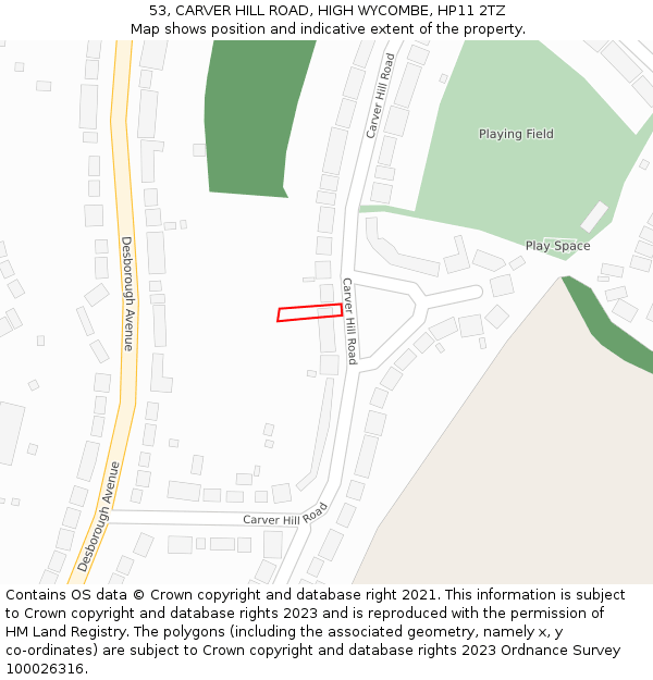 53, CARVER HILL ROAD, HIGH WYCOMBE, HP11 2TZ: Location map and indicative extent of plot