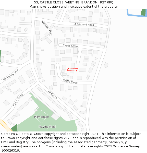 53, CASTLE CLOSE, WEETING, BRANDON, IP27 0RQ: Location map and indicative extent of plot
