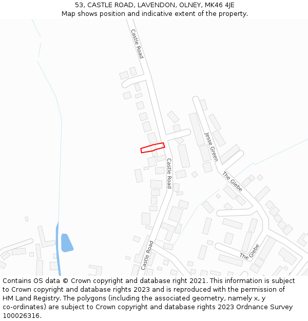 53, CASTLE ROAD, LAVENDON, OLNEY, MK46 4JE: Location map and indicative extent of plot