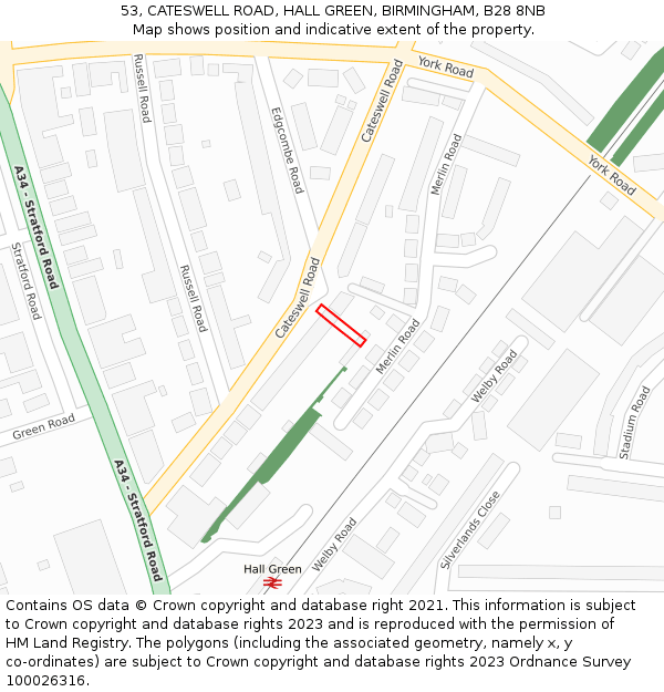 53, CATESWELL ROAD, HALL GREEN, BIRMINGHAM, B28 8NB: Location map and indicative extent of plot