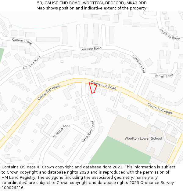 53, CAUSE END ROAD, WOOTTON, BEDFORD, MK43 9DB: Location map and indicative extent of plot