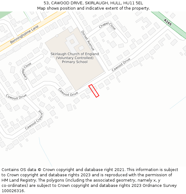 53, CAWOOD DRIVE, SKIRLAUGH, HULL, HU11 5EL: Location map and indicative extent of plot