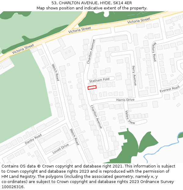 53, CHARLTON AVENUE, HYDE, SK14 4ER: Location map and indicative extent of plot