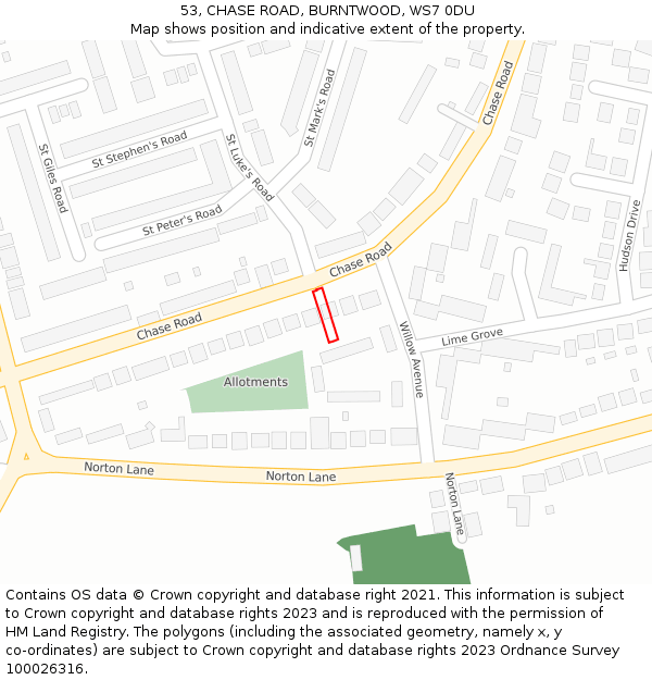 53, CHASE ROAD, BURNTWOOD, WS7 0DU: Location map and indicative extent of plot