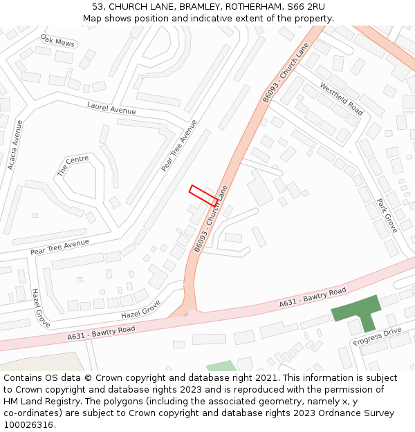 53, CHURCH LANE, BRAMLEY, ROTHERHAM, S66 2RU: Location map and indicative extent of plot