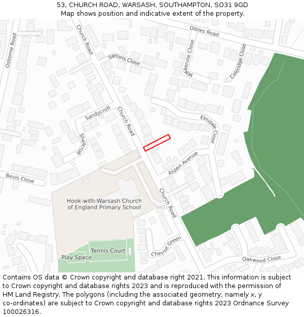 53, CHURCH ROAD, WARSASH, SOUTHAMPTON, SO31 9GD: Location map and indicative extent of plot