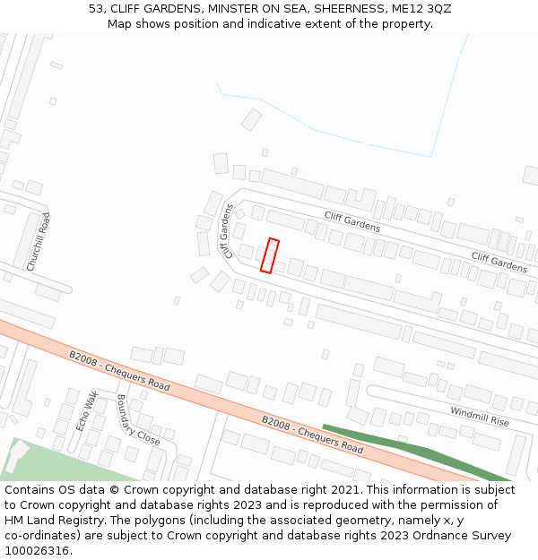 53, CLIFF GARDENS, MINSTER ON SEA, SHEERNESS, ME12 3QZ: Location map and indicative extent of plot