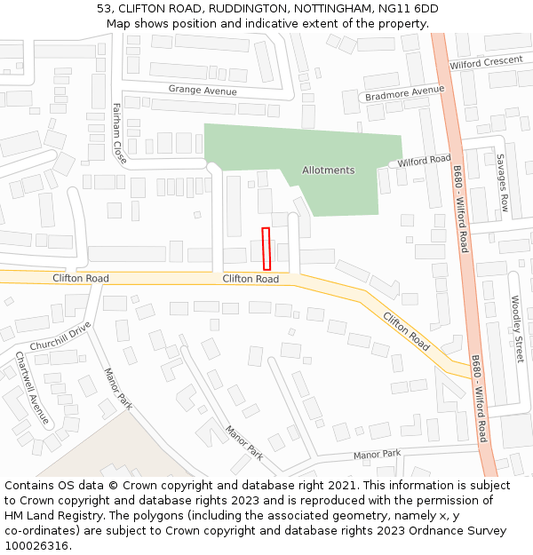 53, CLIFTON ROAD, RUDDINGTON, NOTTINGHAM, NG11 6DD: Location map and indicative extent of plot