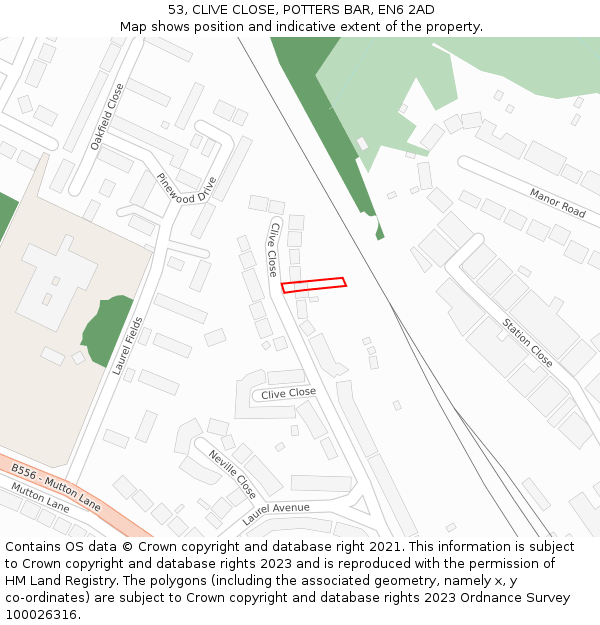 53, CLIVE CLOSE, POTTERS BAR, EN6 2AD: Location map and indicative extent of plot