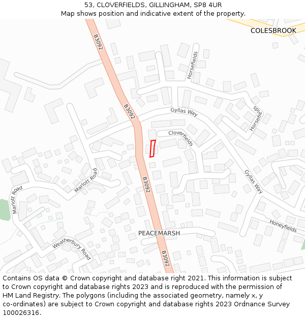 53, CLOVERFIELDS, GILLINGHAM, SP8 4UR: Location map and indicative extent of plot