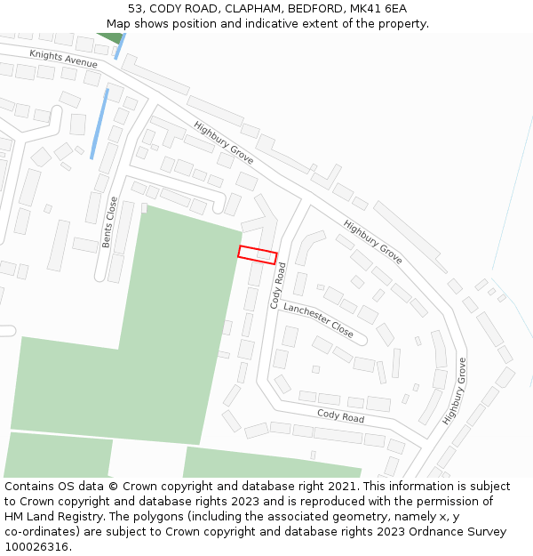 53, CODY ROAD, CLAPHAM, BEDFORD, MK41 6EA: Location map and indicative extent of plot