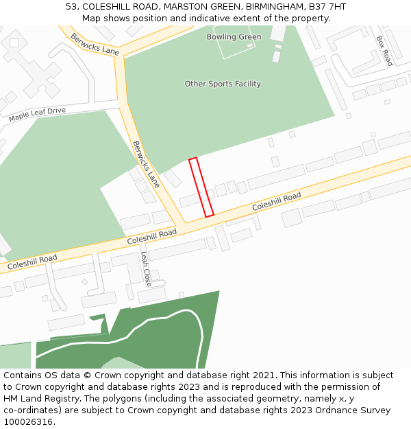 53, COLESHILL ROAD, MARSTON GREEN, BIRMINGHAM, B37 7HT: Location map and indicative extent of plot