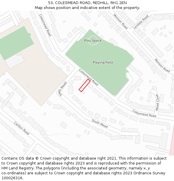 53, COLESMEAD ROAD, REDHILL, RH1 2EN: Location map and indicative extent of plot