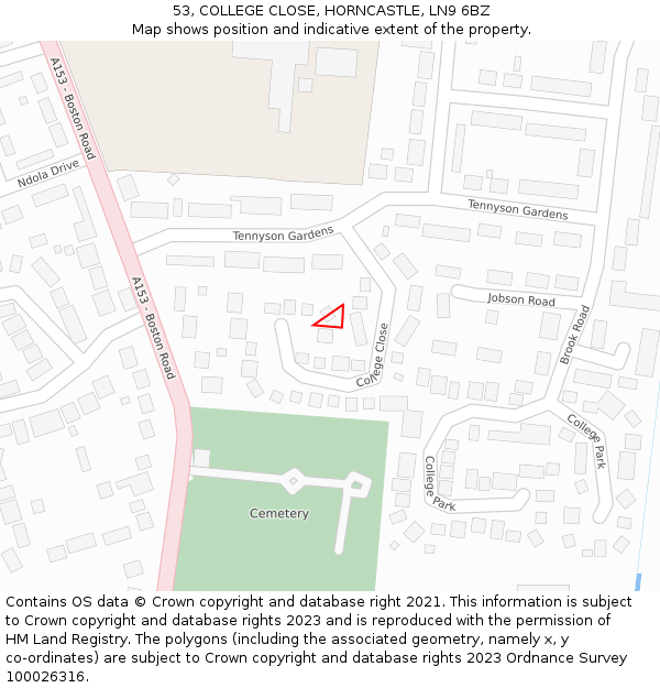 53, COLLEGE CLOSE, HORNCASTLE, LN9 6BZ: Location map and indicative extent of plot