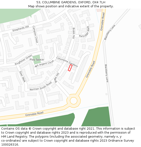 53, COLUMBINE GARDENS, OXFORD, OX4 7LH: Location map and indicative extent of plot