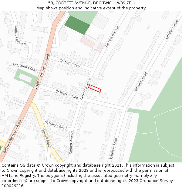 53, CORBETT AVENUE, DROITWICH, WR9 7BH: Location map and indicative extent of plot