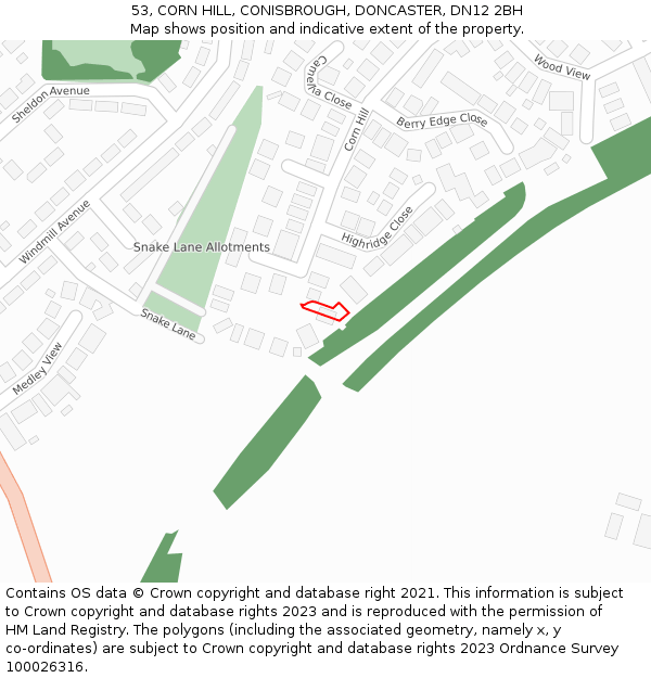 53, CORN HILL, CONISBROUGH, DONCASTER, DN12 2BH: Location map and indicative extent of plot