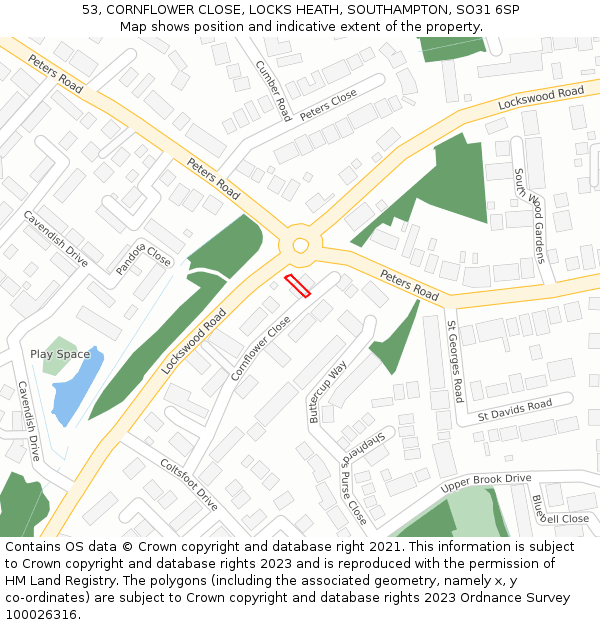 53, CORNFLOWER CLOSE, LOCKS HEATH, SOUTHAMPTON, SO31 6SP: Location map and indicative extent of plot