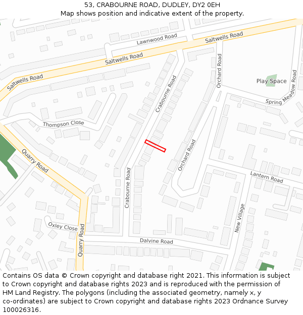 53, CRABOURNE ROAD, DUDLEY, DY2 0EH: Location map and indicative extent of plot