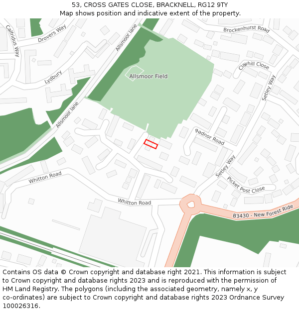 53, CROSS GATES CLOSE, BRACKNELL, RG12 9TY: Location map and indicative extent of plot