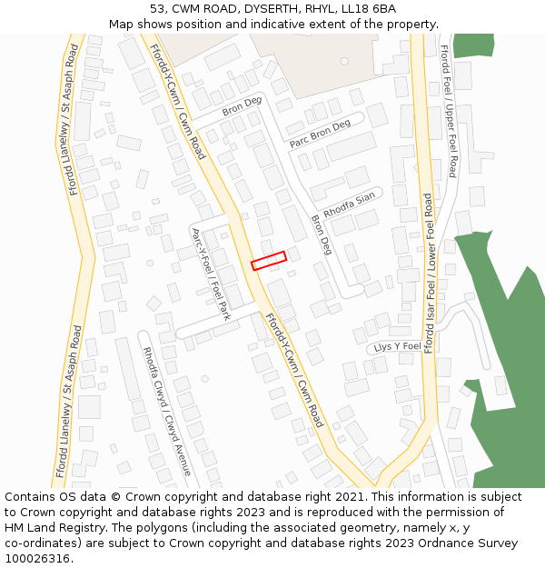 53, CWM ROAD, DYSERTH, RHYL, LL18 6BA: Location map and indicative extent of plot