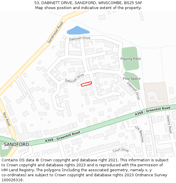 53, DABINETT DRIVE, SANDFORD, WINSCOMBE, BS25 5AF: Location map and indicative extent of plot