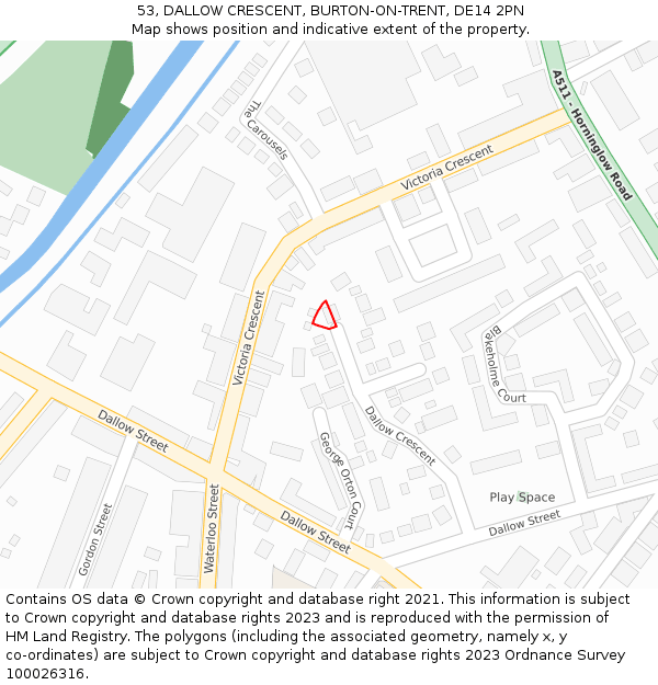 53, DALLOW CRESCENT, BURTON-ON-TRENT, DE14 2PN: Location map and indicative extent of plot