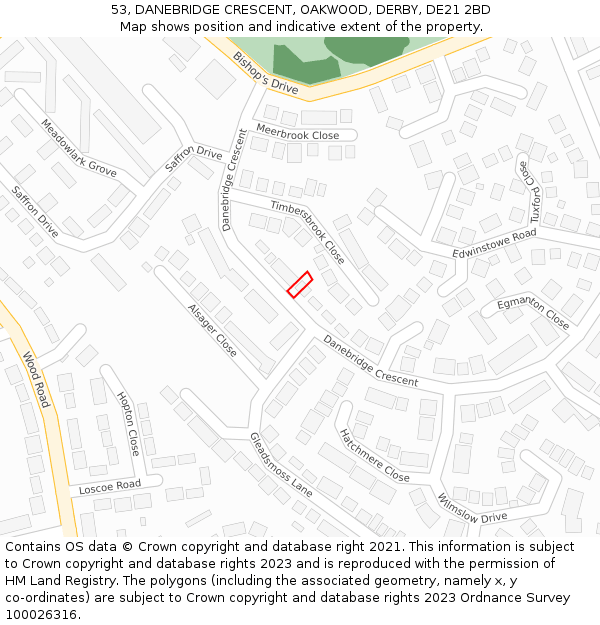 53, DANEBRIDGE CRESCENT, OAKWOOD, DERBY, DE21 2BD: Location map and indicative extent of plot