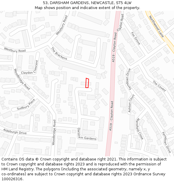 53, DARSHAM GARDENS, NEWCASTLE, ST5 4LW: Location map and indicative extent of plot