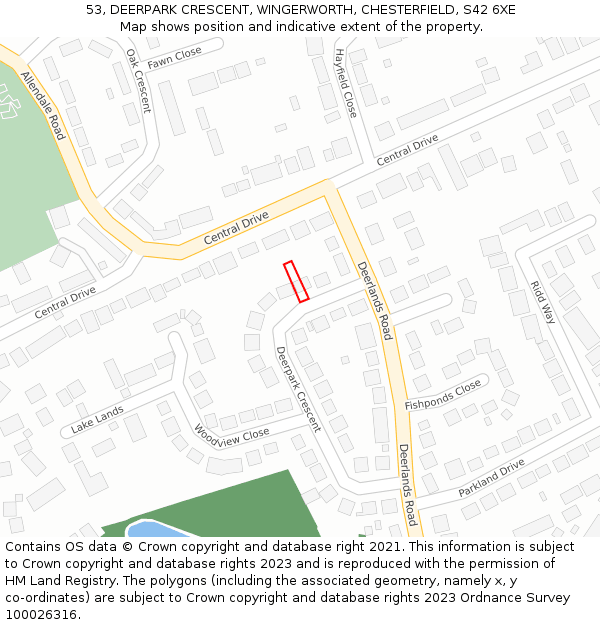 53, DEERPARK CRESCENT, WINGERWORTH, CHESTERFIELD, S42 6XE: Location map and indicative extent of plot