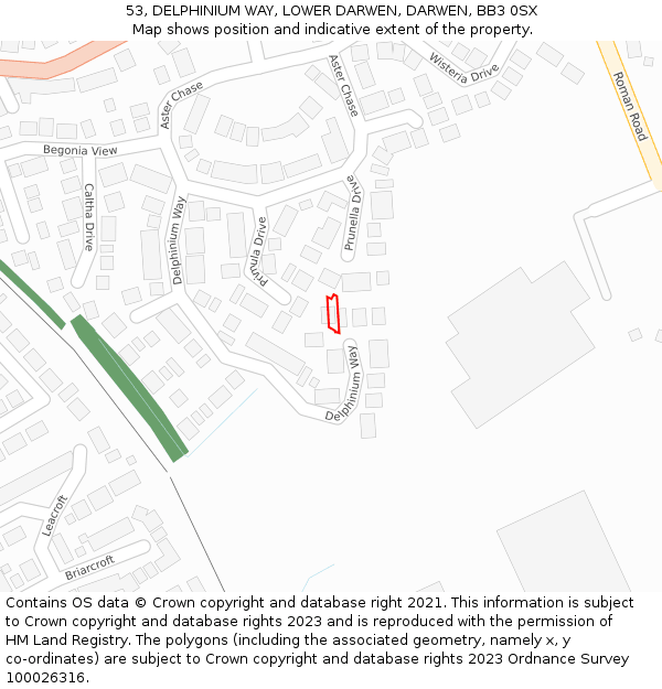 53, DELPHINIUM WAY, LOWER DARWEN, DARWEN, BB3 0SX: Location map and indicative extent of plot