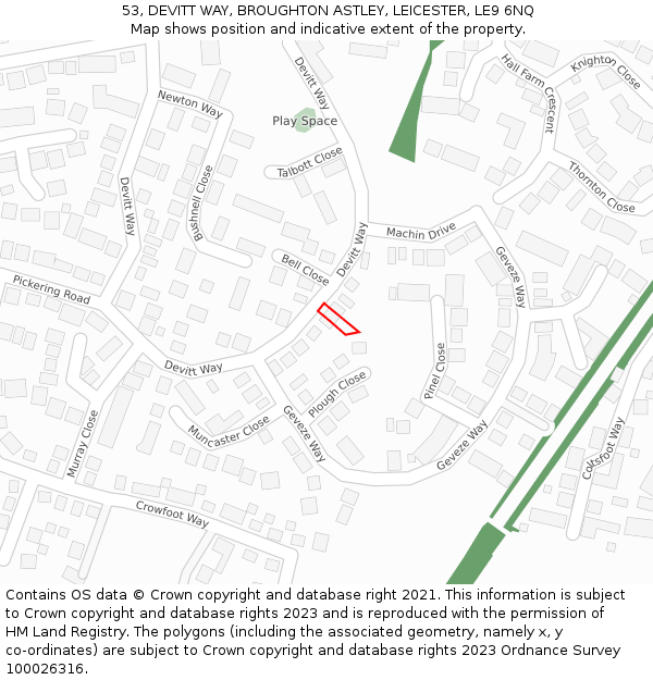 53, DEVITT WAY, BROUGHTON ASTLEY, LEICESTER, LE9 6NQ: Location map and indicative extent of plot