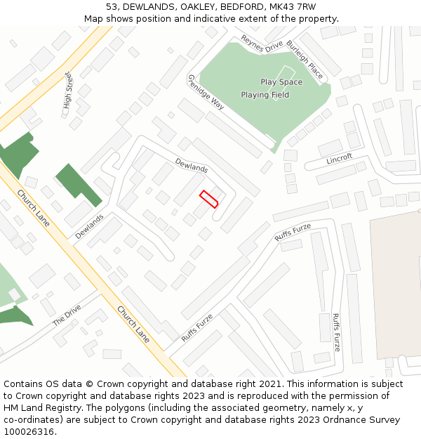 53, DEWLANDS, OAKLEY, BEDFORD, MK43 7RW: Location map and indicative extent of plot