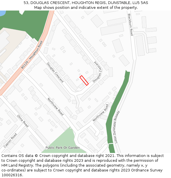 53, DOUGLAS CRESCENT, HOUGHTON REGIS, DUNSTABLE, LU5 5AS: Location map and indicative extent of plot