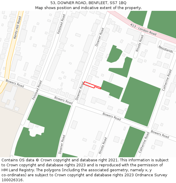 53, DOWNER ROAD, BENFLEET, SS7 1BQ: Location map and indicative extent of plot