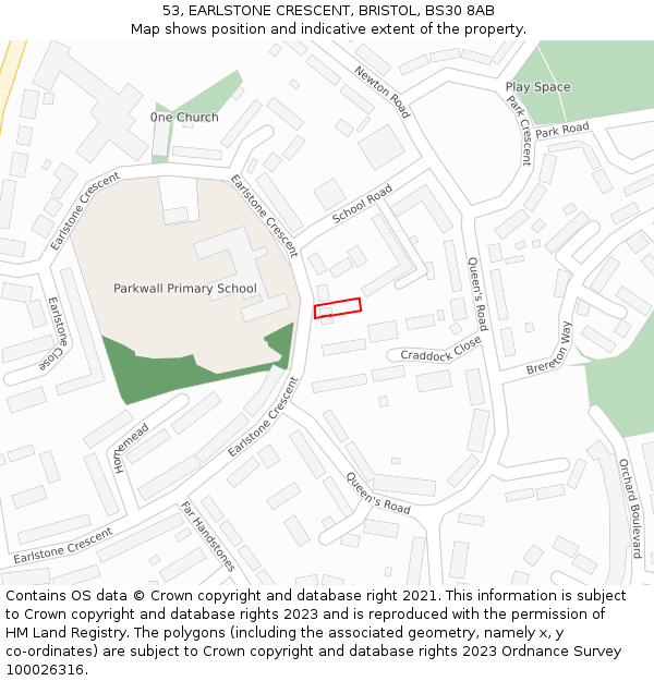 53, EARLSTONE CRESCENT, BRISTOL, BS30 8AB: Location map and indicative extent of plot