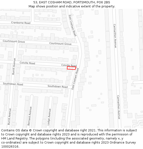 53, EAST COSHAM ROAD, PORTSMOUTH, PO6 2BS: Location map and indicative extent of plot