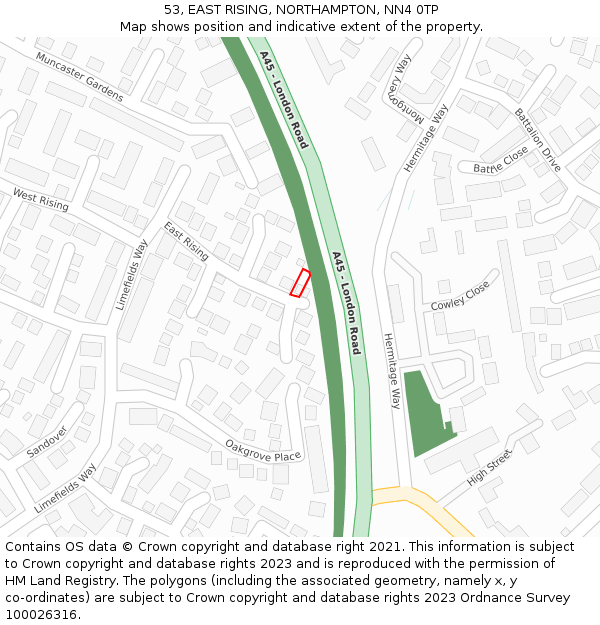 53, EAST RISING, NORTHAMPTON, NN4 0TP: Location map and indicative extent of plot