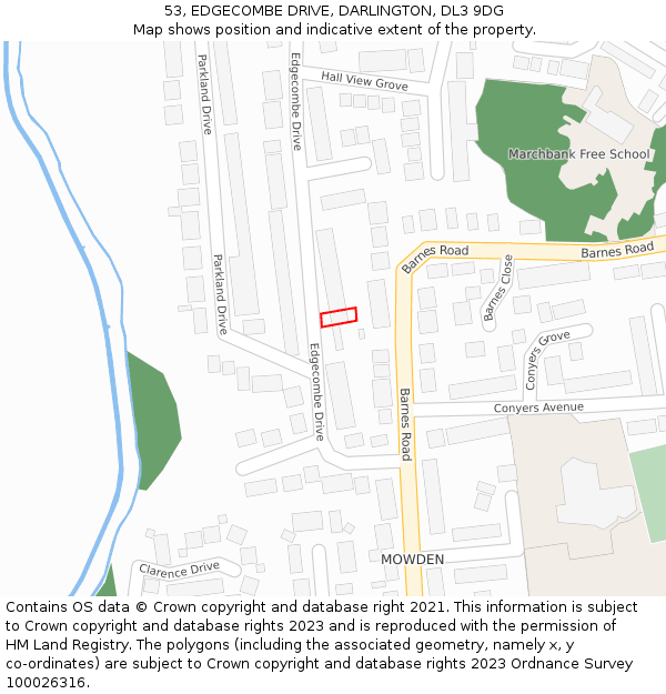 53, EDGECOMBE DRIVE, DARLINGTON, DL3 9DG: Location map and indicative extent of plot