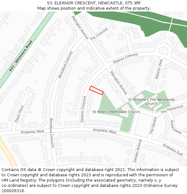 53, ELEANOR CRESCENT, NEWCASTLE, ST5 3RF: Location map and indicative extent of plot