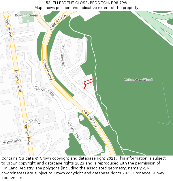 53, ELLERDENE CLOSE, REDDITCH, B98 7PW: Location map and indicative extent of plot