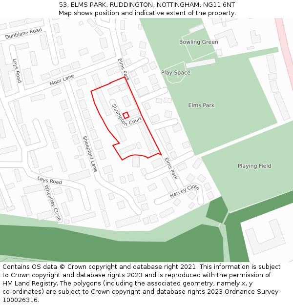 53, ELMS PARK, RUDDINGTON, NOTTINGHAM, NG11 6NT: Location map and indicative extent of plot