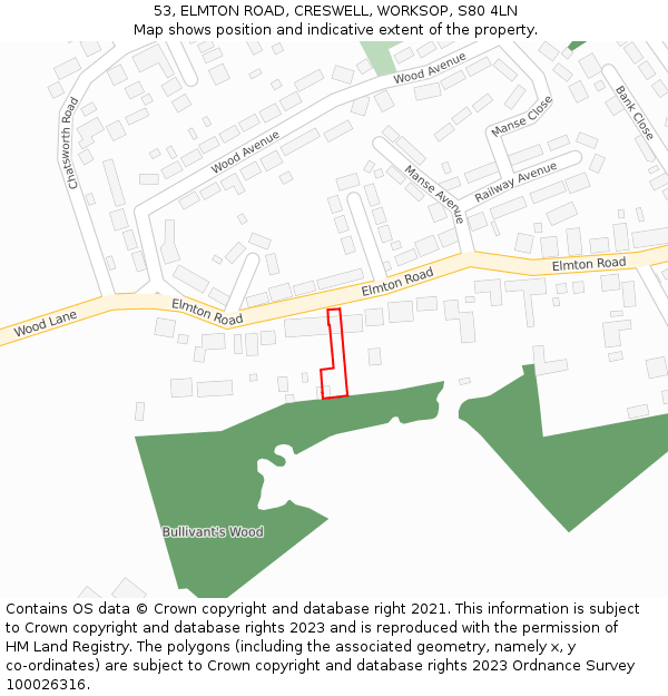 53, ELMTON ROAD, CRESWELL, WORKSOP, S80 4LN: Location map and indicative extent of plot