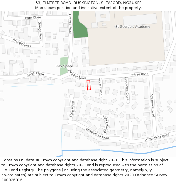 53, ELMTREE ROAD, RUSKINGTON, SLEAFORD, NG34 9FF: Location map and indicative extent of plot