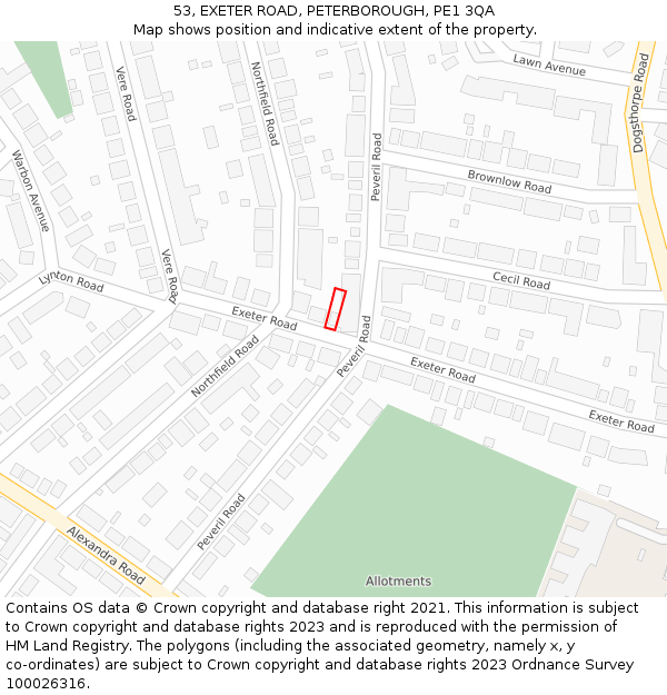 53, EXETER ROAD, PETERBOROUGH, PE1 3QA: Location map and indicative extent of plot