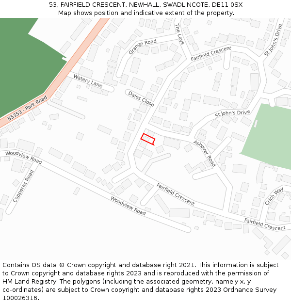 53, FAIRFIELD CRESCENT, NEWHALL, SWADLINCOTE, DE11 0SX: Location map and indicative extent of plot