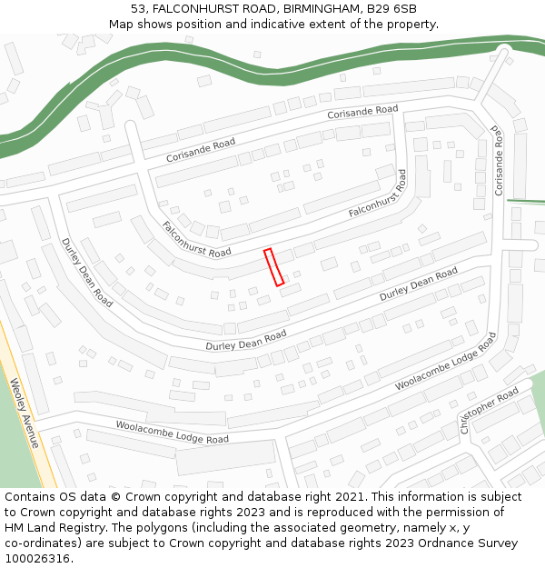 53, FALCONHURST ROAD, BIRMINGHAM, B29 6SB: Location map and indicative extent of plot