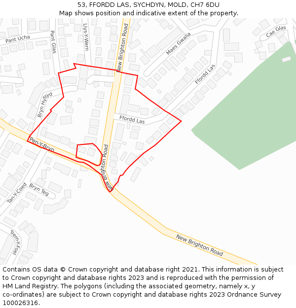 53, FFORDD LAS, SYCHDYN, MOLD, CH7 6DU: Location map and indicative extent of plot